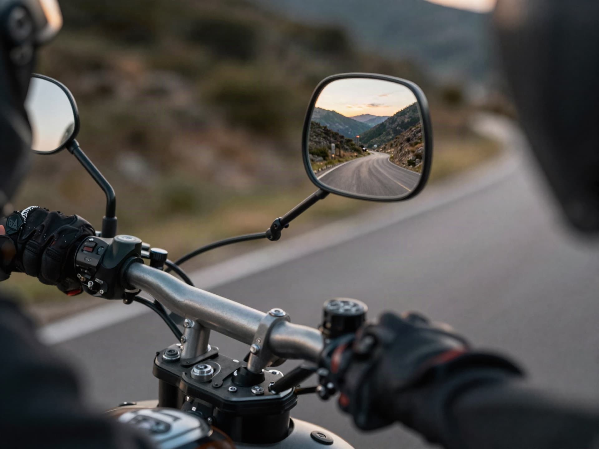 Guidon et rétroviseur d'une moto sur une route de montagne au crépuscule